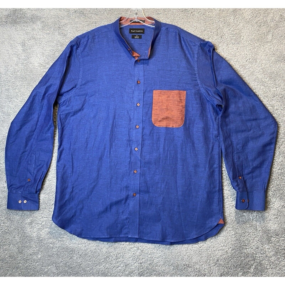 Paul Fredrick Blue Button Up Shirt Size XLT Linen Blend Band‎ Collar Preppy